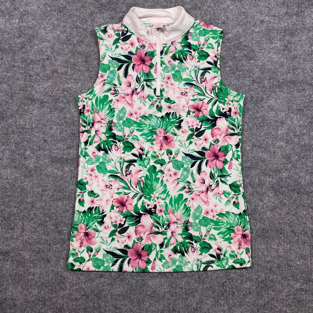Tommy Bahama Golf Sleeveless Polo Shirt XS Pink Green Tropical Hibiscus Floral